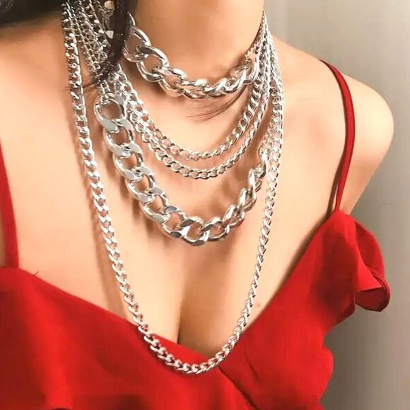 NEW Necklace Chunky Layering Chains Silver Tone Fashion Trend Jewelry m21 - Picture 2 of 4